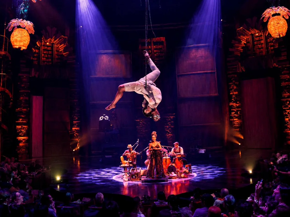 A JOYA acrobat mid-performance, table service paused