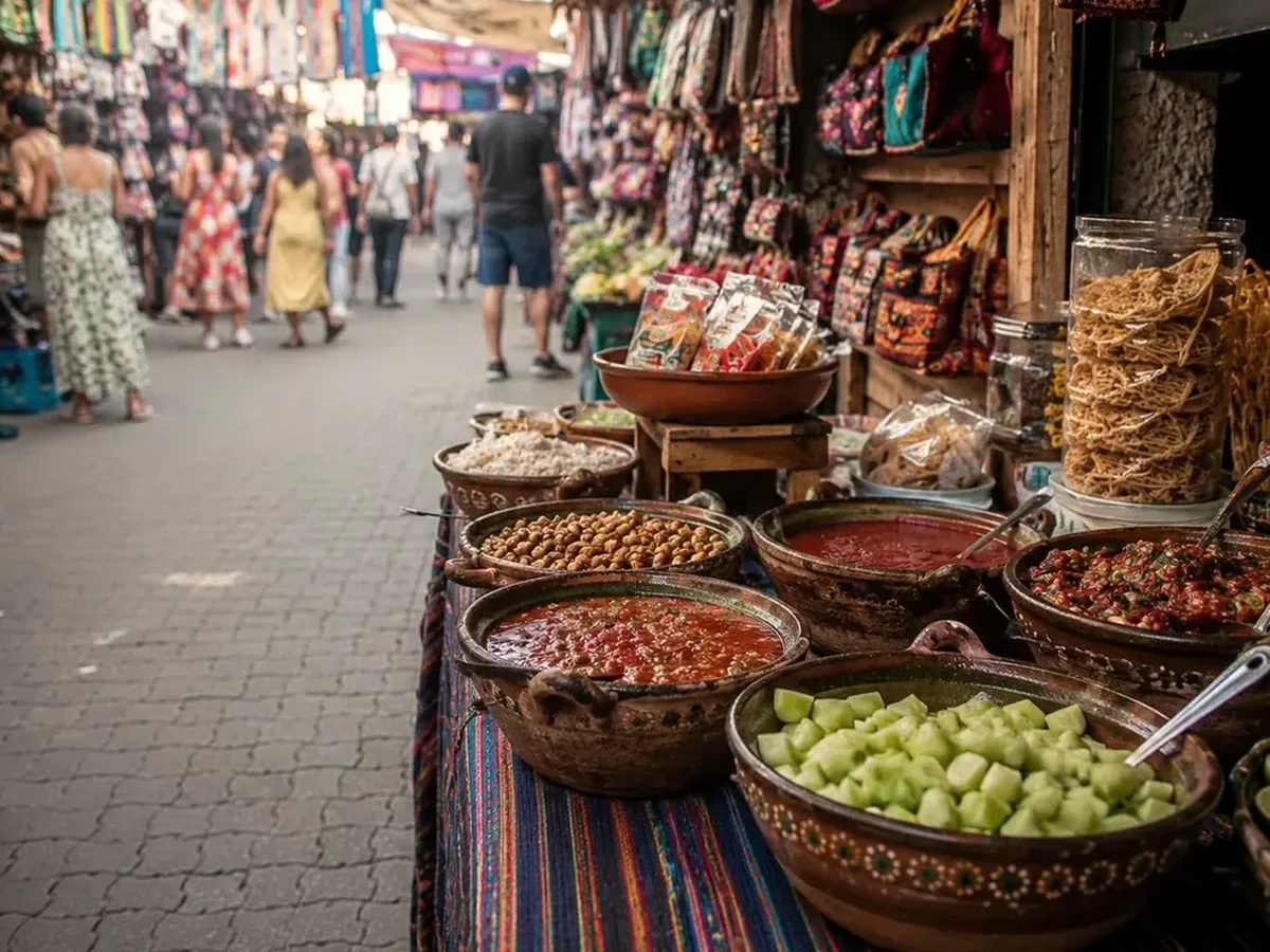 Clay bowls of red salsas, chickpeas, and cut nopal on a striped cloth at the front of a market stall, hanging bags and shoppers walking the aisle behind