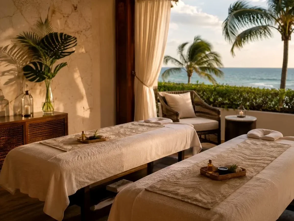 Two massage tables dressed in white linen on a shaded terrace, wicker chairs and palms beside them and the open sea a short way beyond