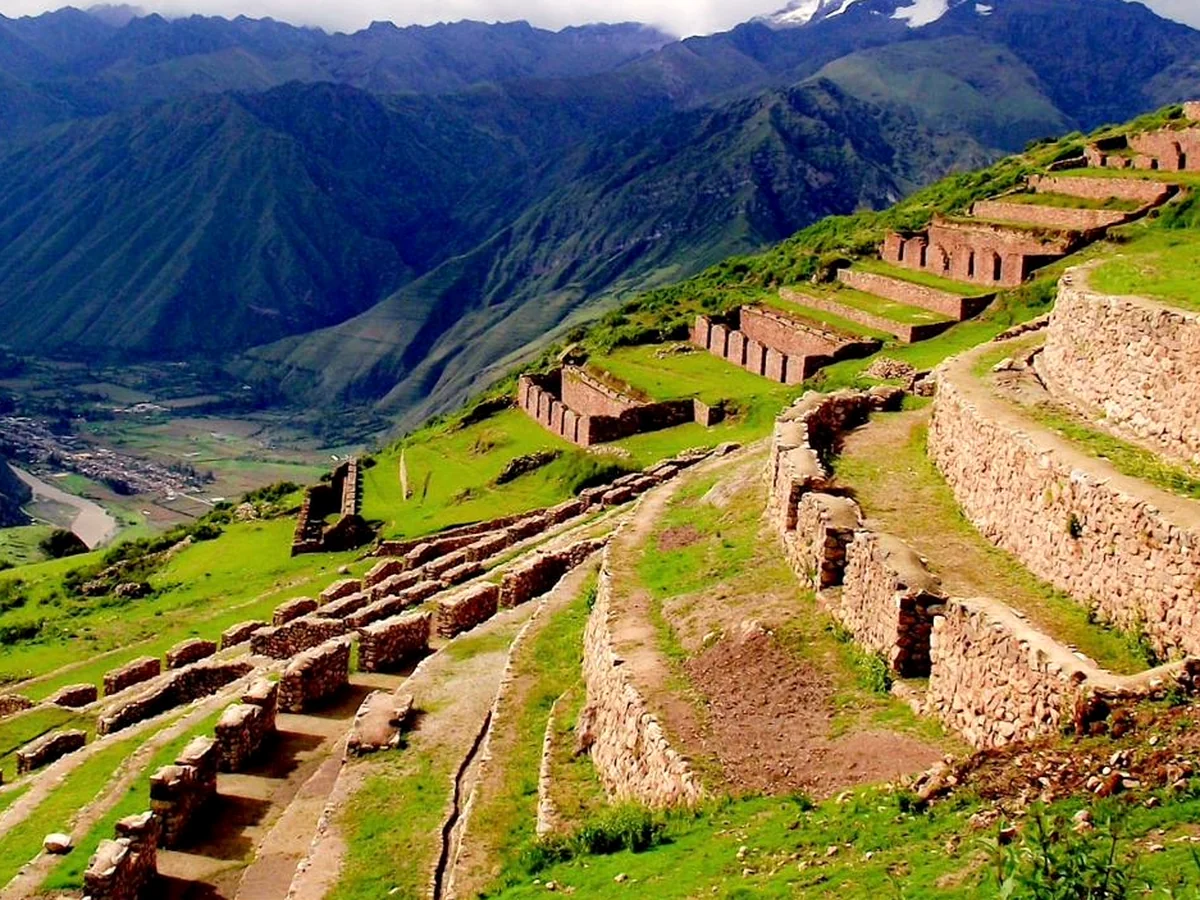 Pisac terraces, cut into the mountainside above the Urubamba