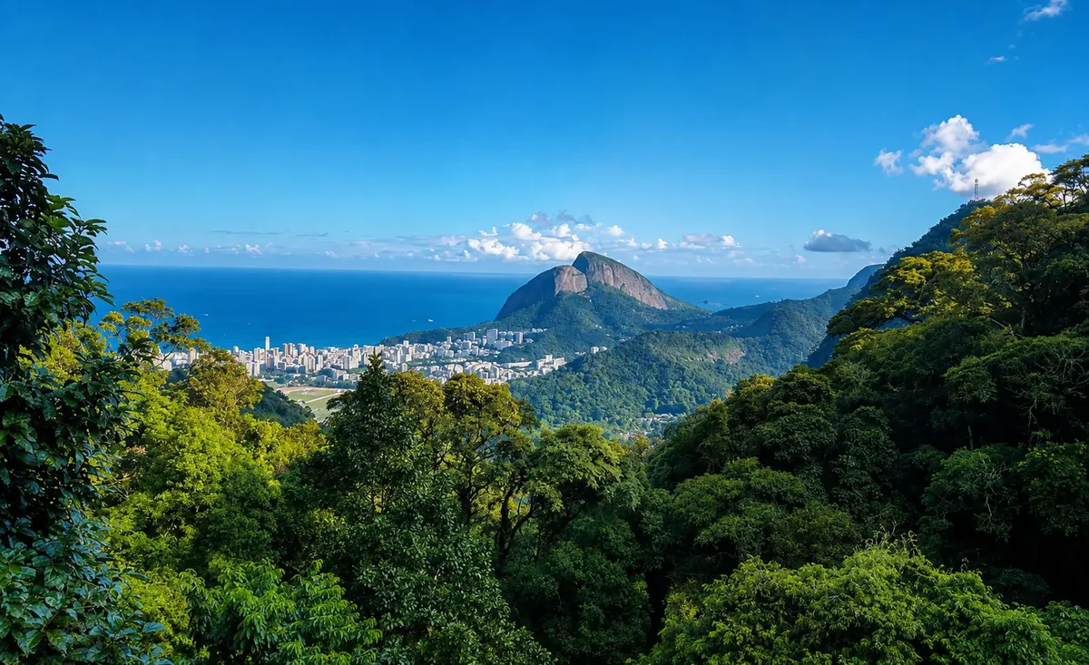The forest canopy of Tijuca opening onto a view of the city far below, with a granite peak against the sea and open sky