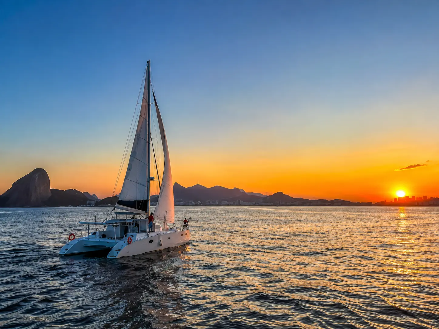 A catamaran under sail as the sun reaches the water