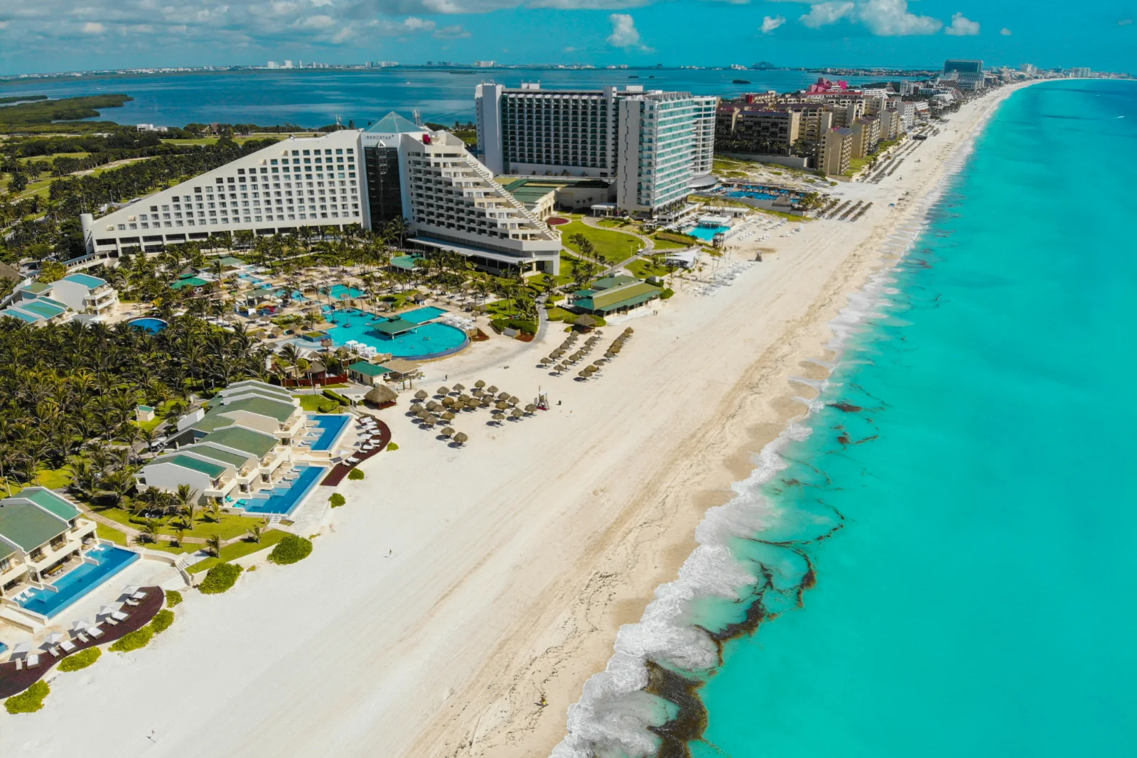The Cancún Hotel Zone from the air, the lagoon on one side and the Caribbean on the other