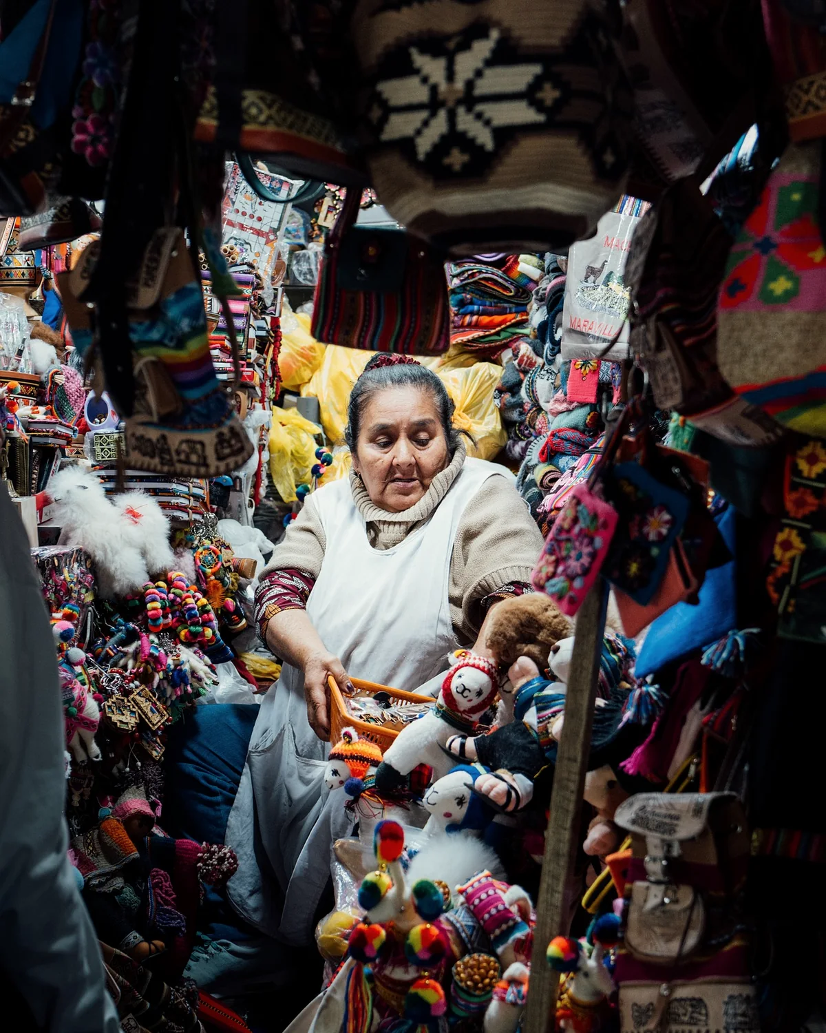 A market stall in Cusco, where the weaving is the inventory