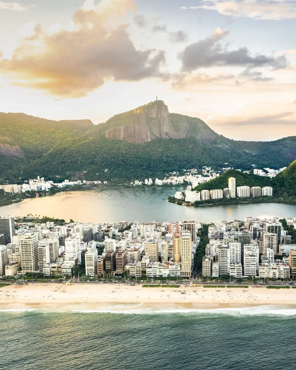 Ipanema, the Lagoa, and Corcovado behind them, from the air