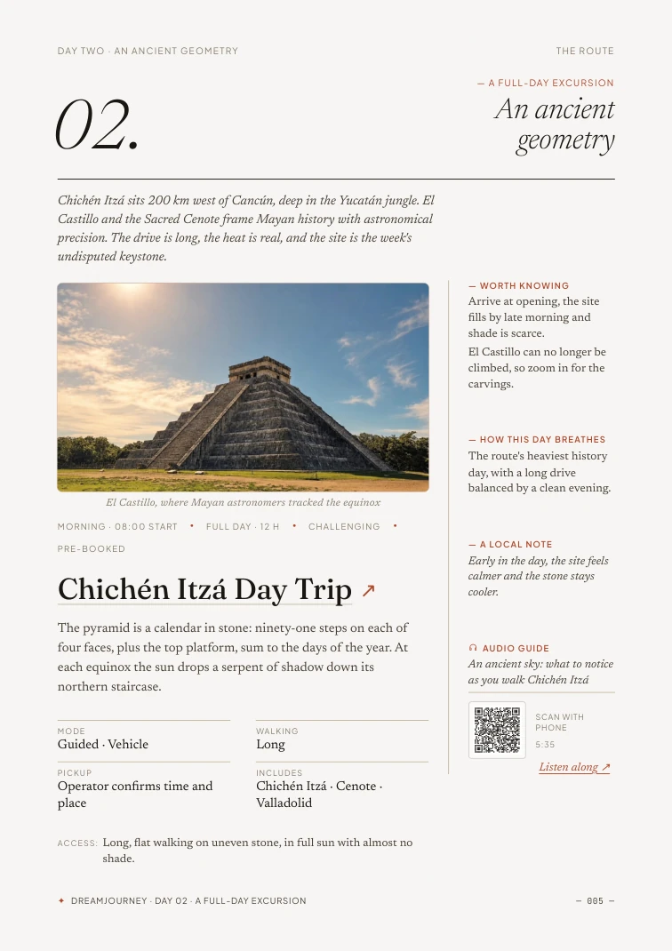 The Chichén Itzá day, with notes, access, and an audio guide