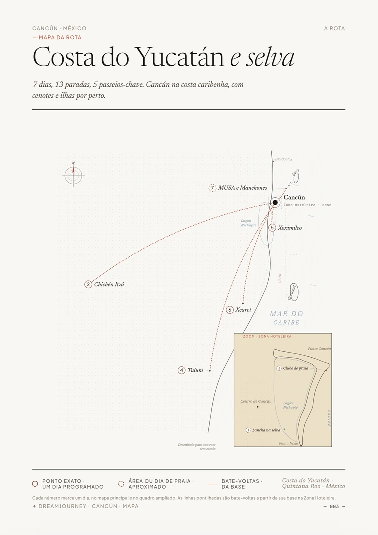 Mapa da rota pela costa do Yucatán, com detalhe da Zona Hoteleira