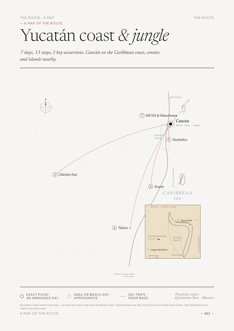 A route map of the Yucatán coast with a Hotel Zone inset