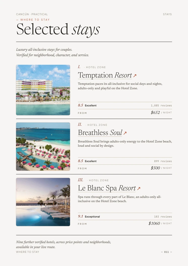 Three selected Cancún hotels with ratings and nightly rates