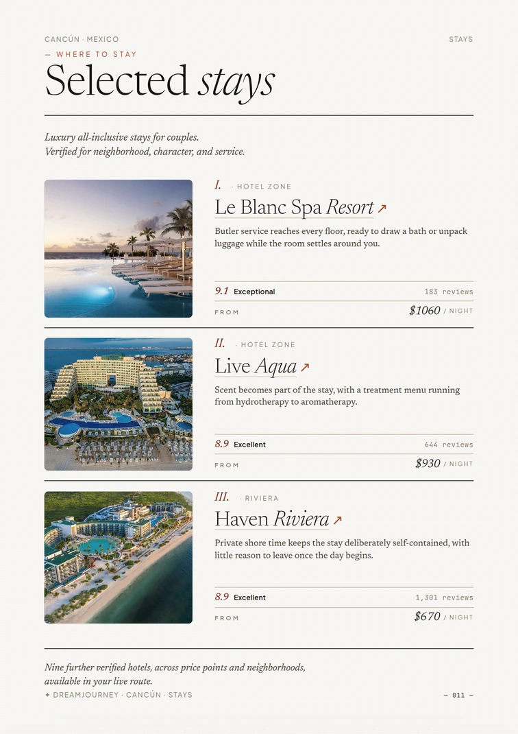 Three selected Cancún hotels with ratings and nightly rates
