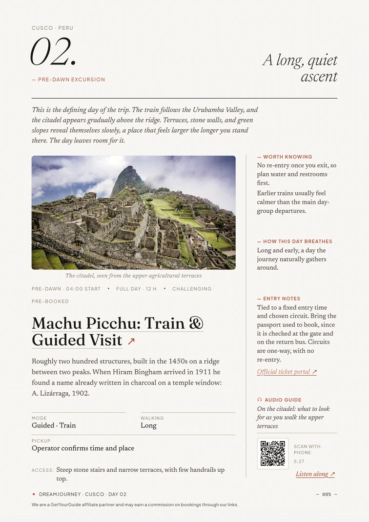 The Machu Picchu day, with notes, access, and an audio guide