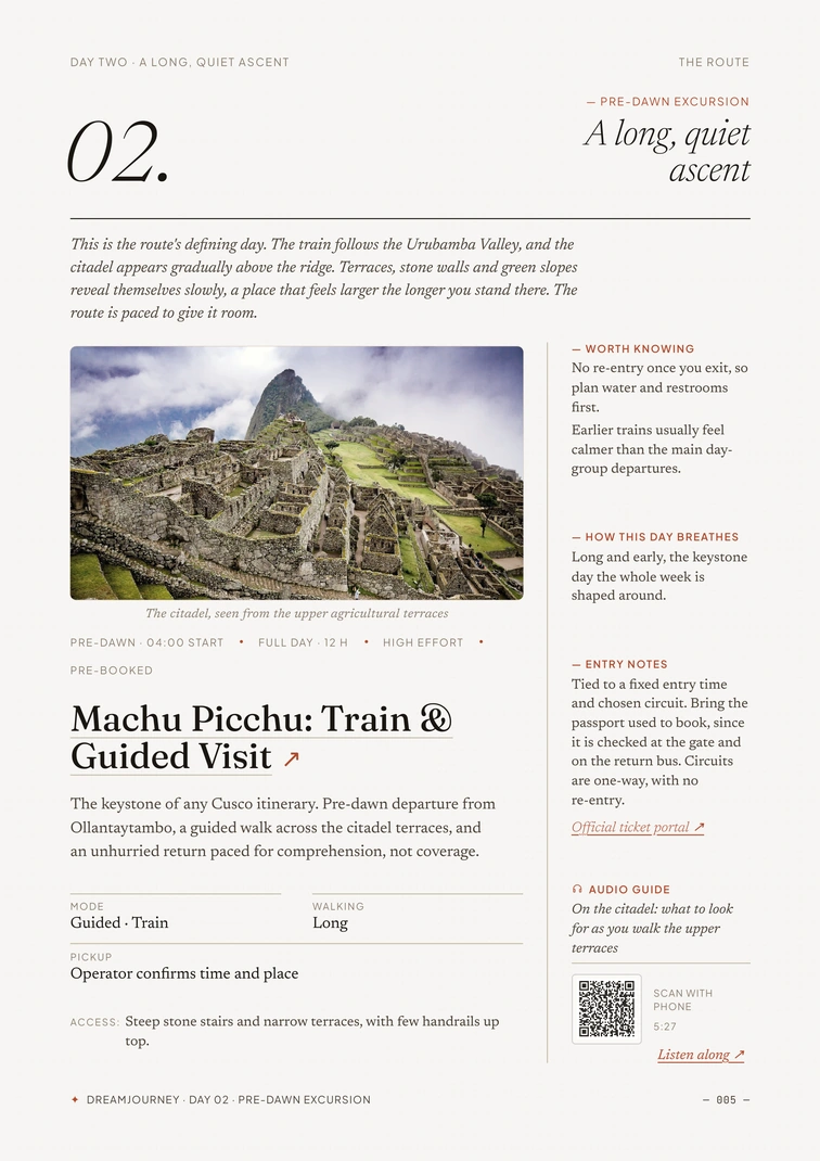 The Machu Picchu day, with notes, access, and an audio guide