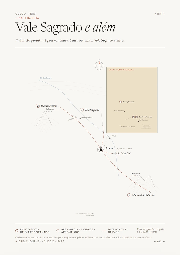 Mapa de Cusco e do Vale Sagrado, com detalhe da cidade