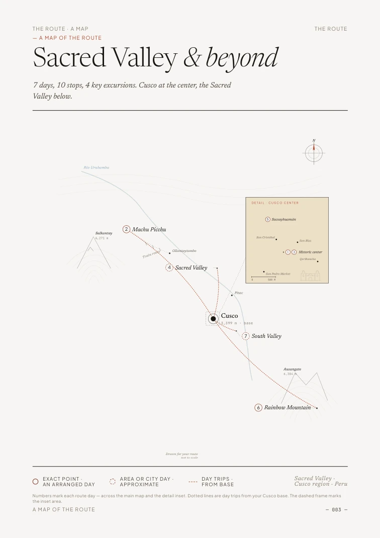 A route map of Cusco and the Sacred Valley with a city inset