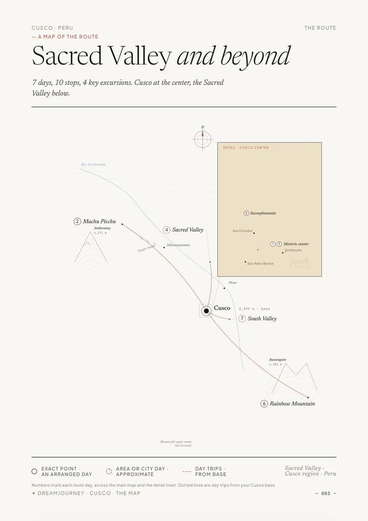 A route map of Cusco and the Sacred Valley with a city inset