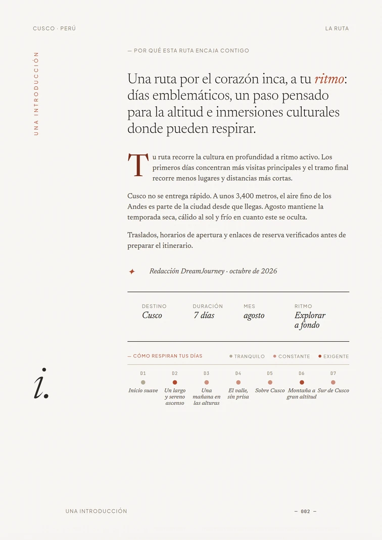 Introducción de la ruta, con cada día presentado en orden
