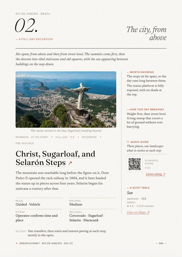 The Christ, Sugarloaf, and Selarón day, with notes, access, an audio guide, and a table for the evening