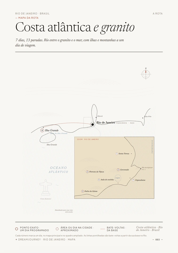 Mapa da rota pela costa atlântica, com detalhe da Baía de Guanabara