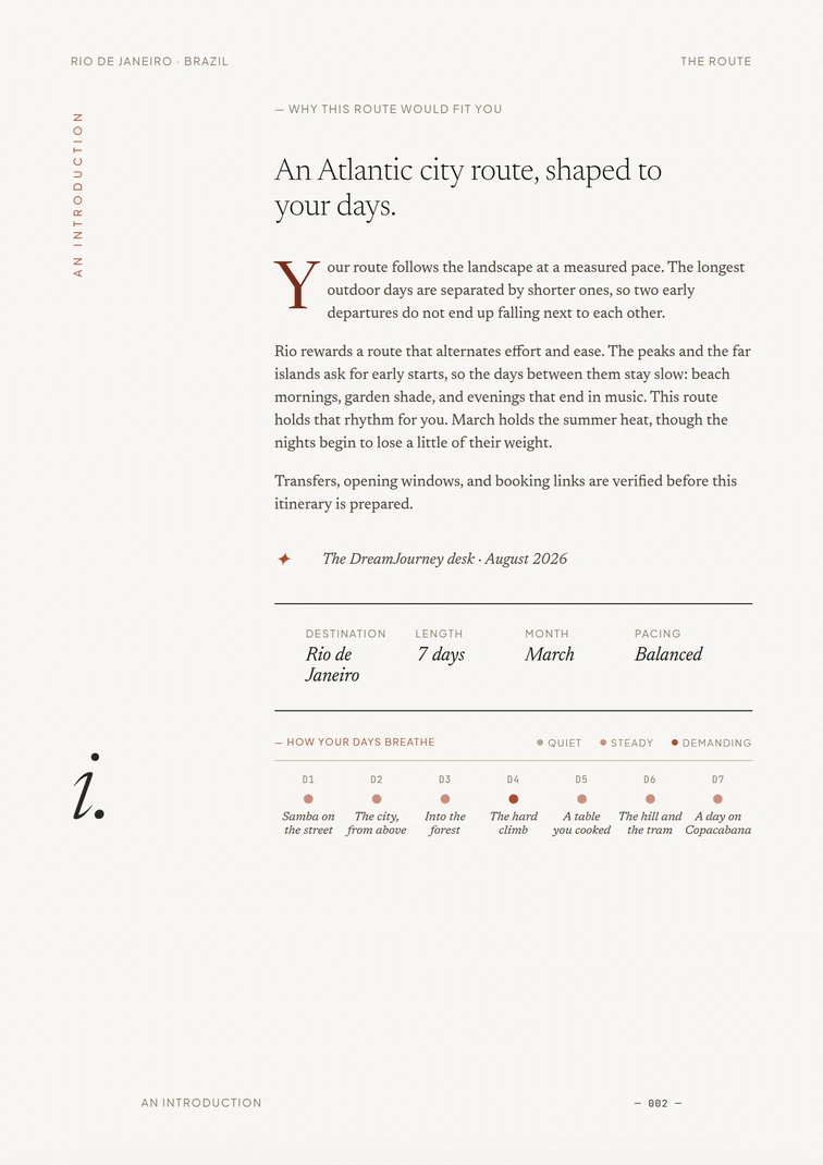 The route introduction, with the seven days marked quiet, steady, or demanding