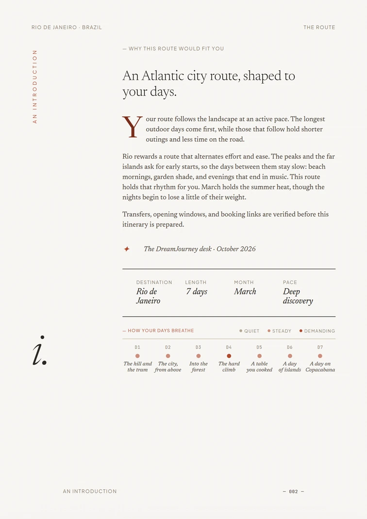 The route introduction, with the seven days marked quiet, steady, or demanding