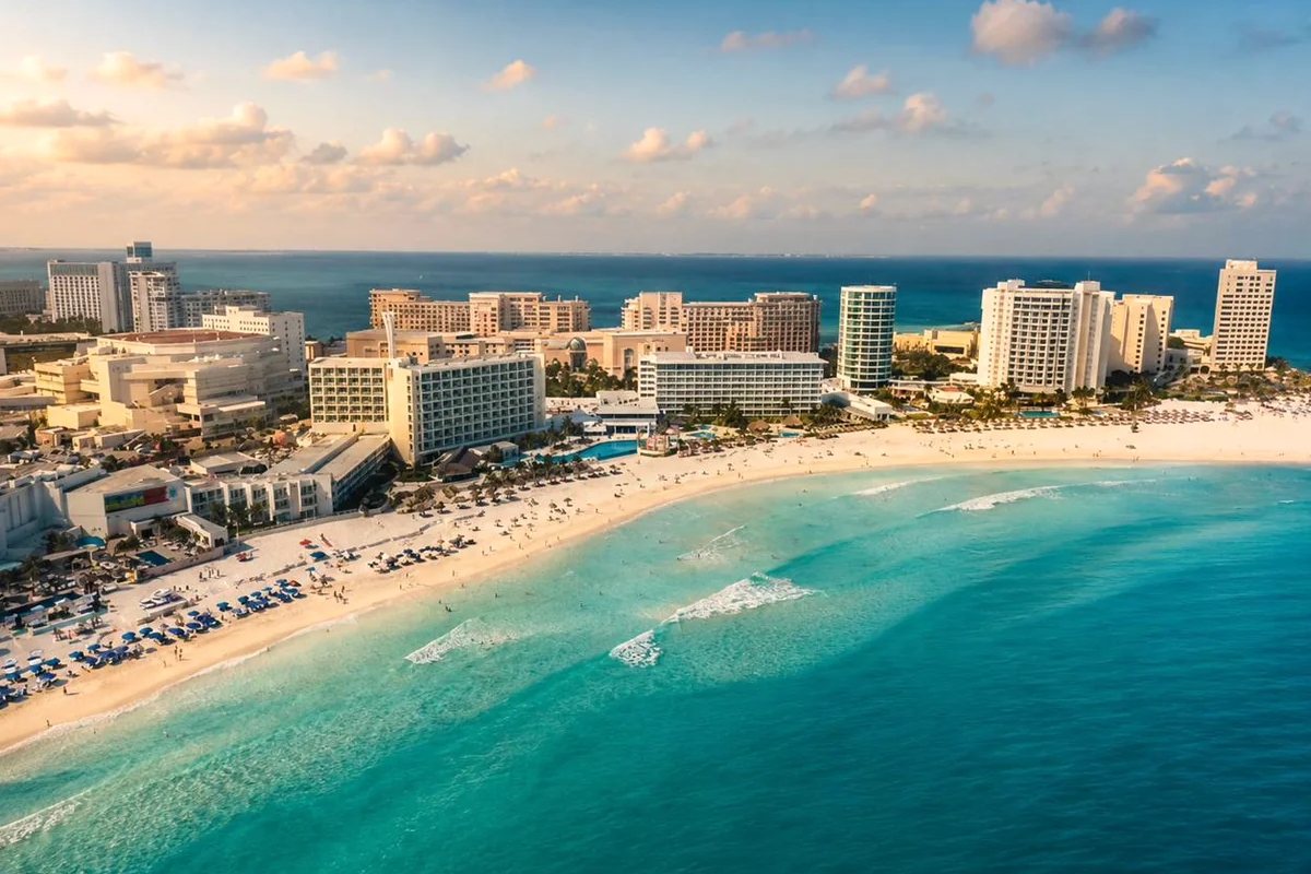 The Hotel Zone from the air at golden hour, hotel towers along a white sand crescent with turquoise shallows and open sea beyond