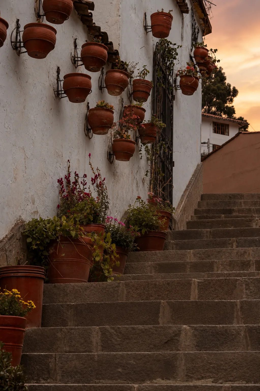 A stone stairway in San Blas at dusk, terracotta pots of flowers hanging from the whitewashed wall beside it