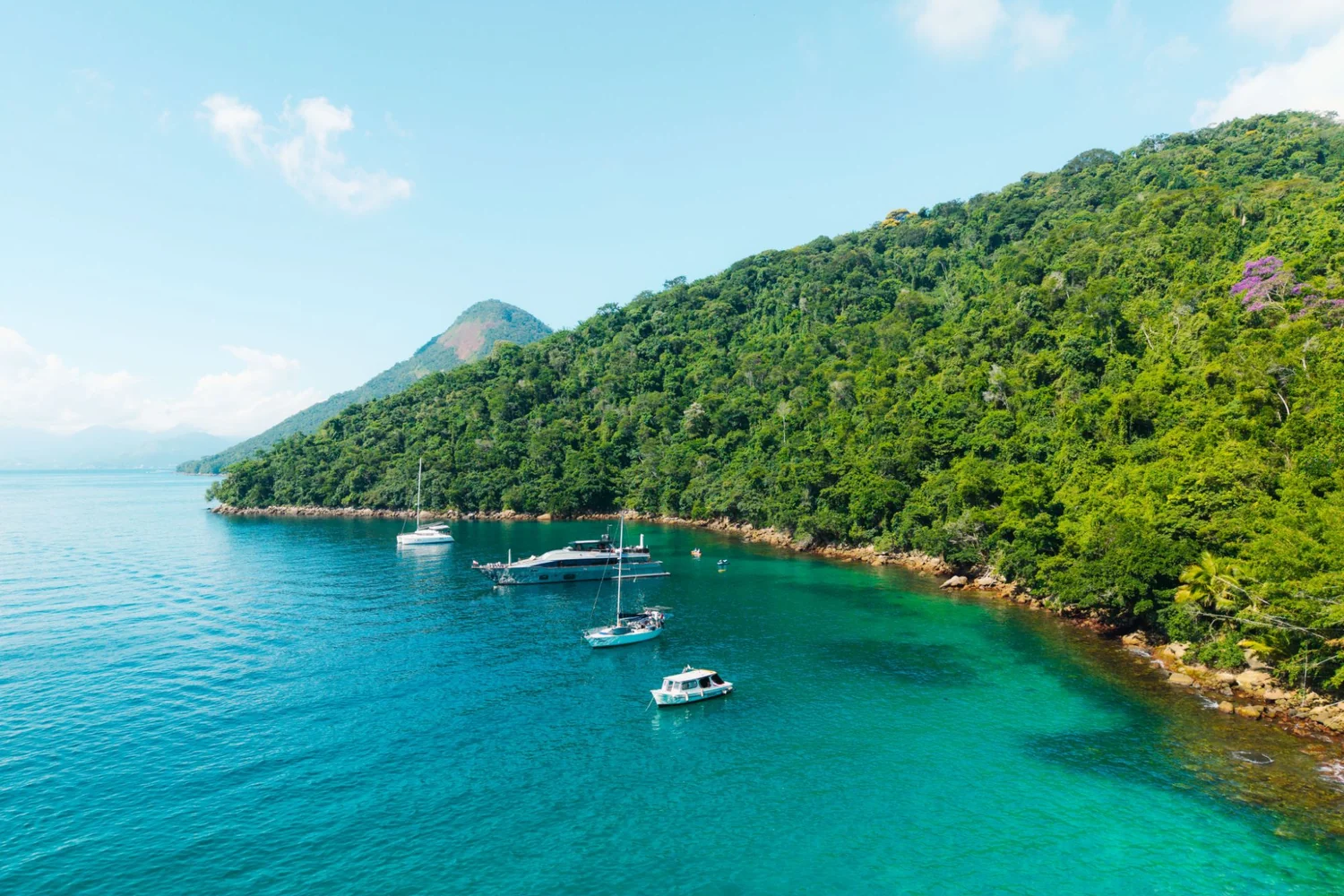 Boats moored in clear turquoise water off a steep forested shore of Ilha Grande, a green peak behind