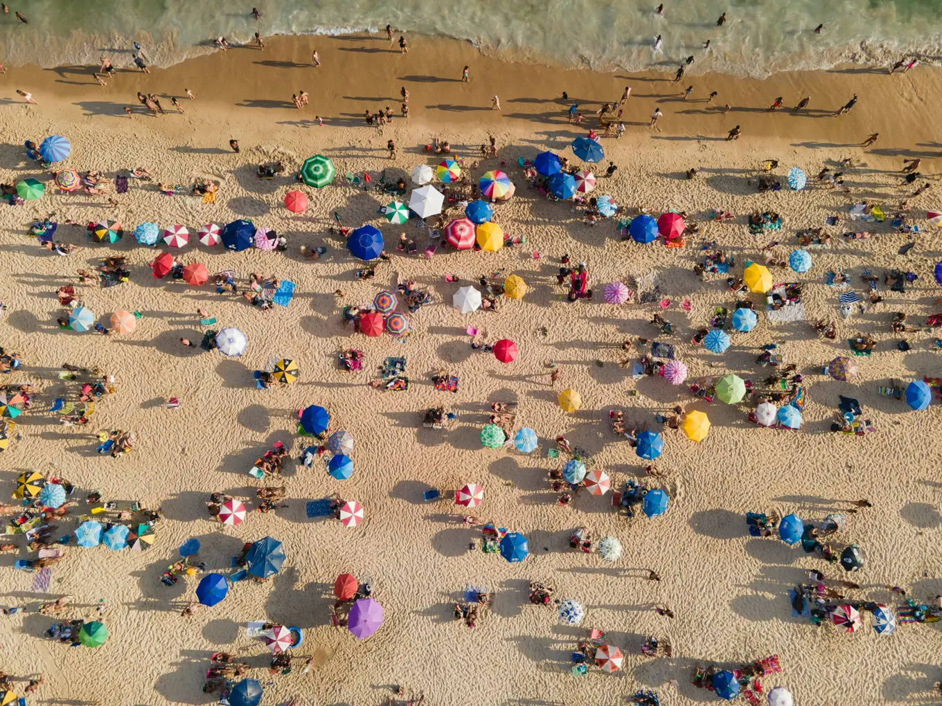 Umbrellas crowded on the sand, seen from above