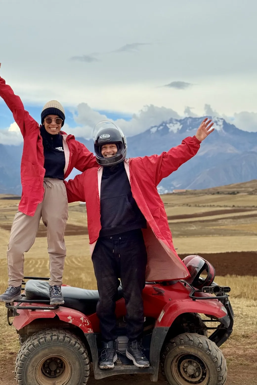 Melissa and Aleksejs on the quad tour to Moray and Maras