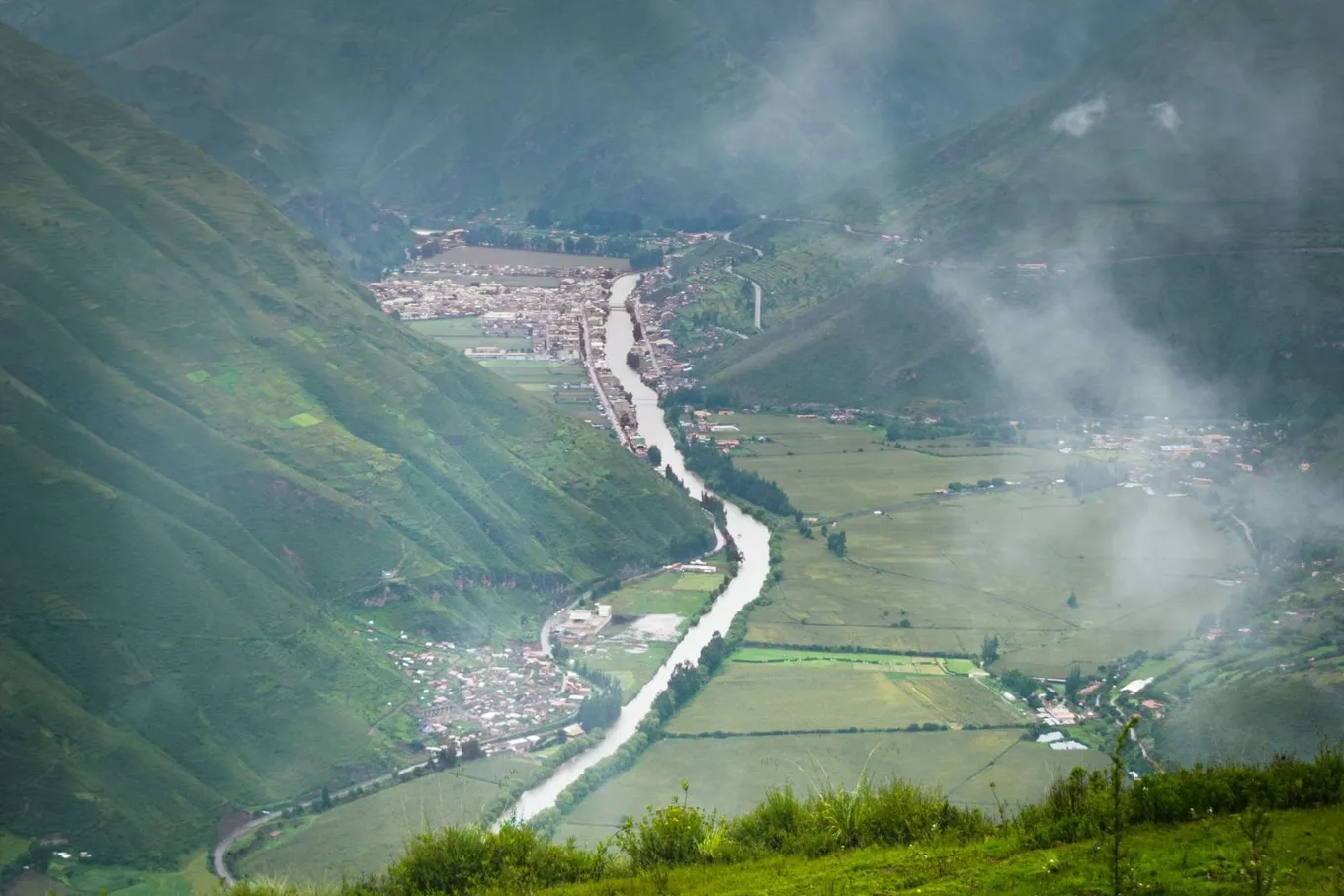 The Sacred Valley from above, under low cloud
