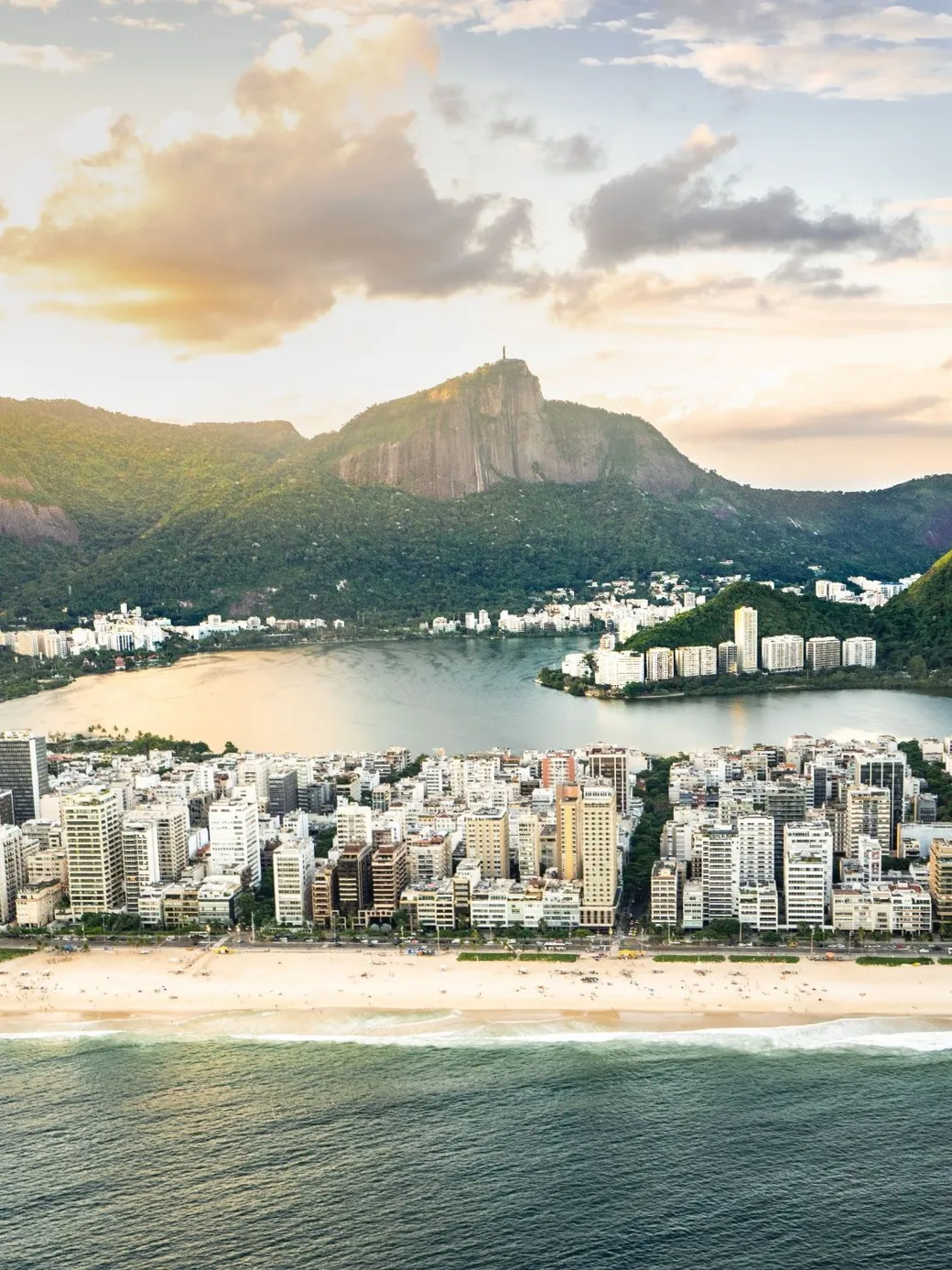 Ipanema, the Lagoa, and Corcovado behind them, from the air