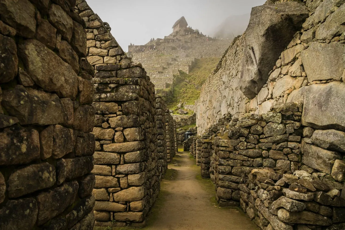 A narrow path between Inca walls, with a thatched house on the terraces above