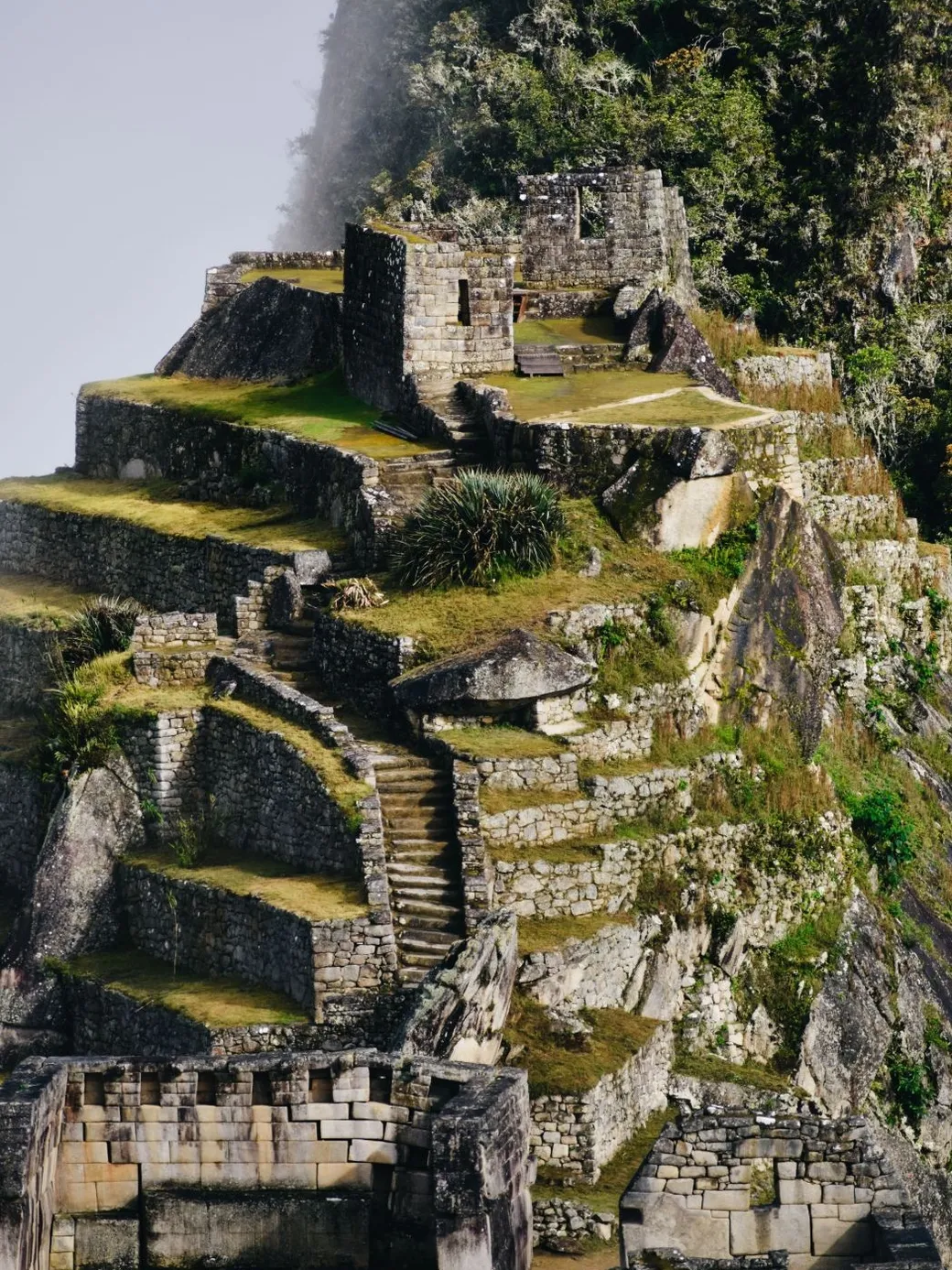 Stone terraces and a stairway climbing a steep slope at Machu Picchu