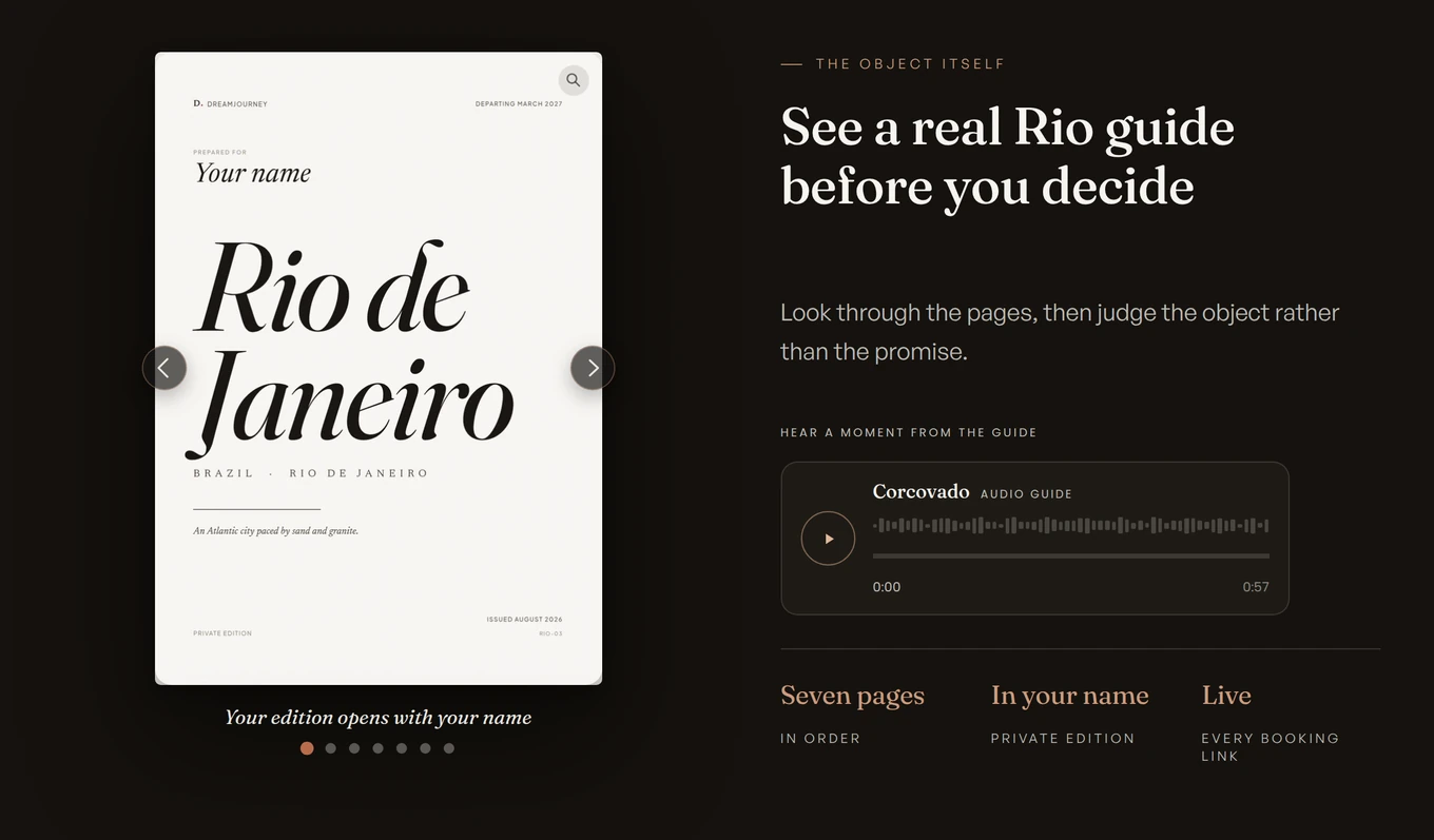 The Rio guide sample on the city page, a cover page beside its audio guide player