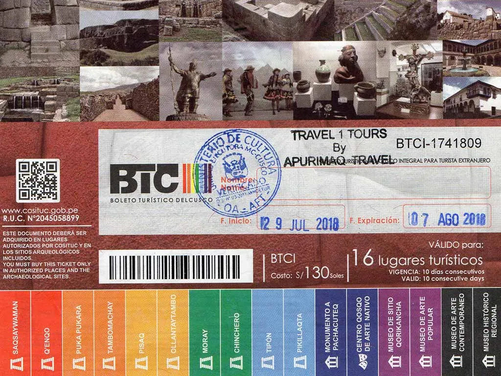 A used Boleto Turístico del Cusco, with its 16 sites listed along the bottom