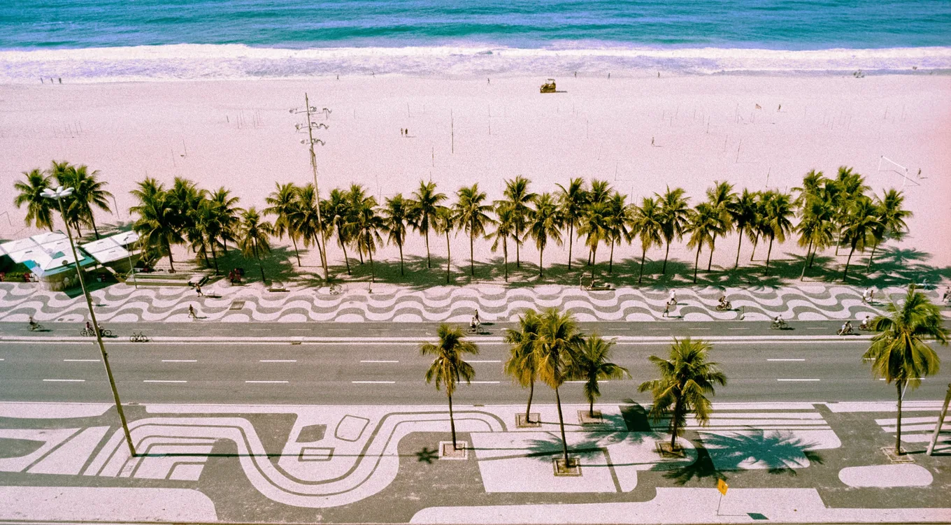 The promenade from above, palms between the road and the sand