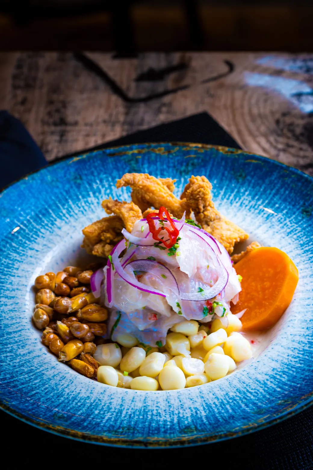 Ceviche with cancha, choclo, and sweet potato